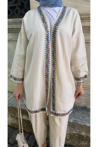 Lavanta Tekstil Kimono Hijab Detaliat Broderie Colorata Bej