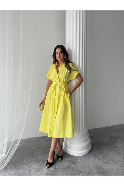 S&A Collectionn Kadın Gömlek Yaka Düğmeli Kemerli Kısa Kol Dizaltı Elbise