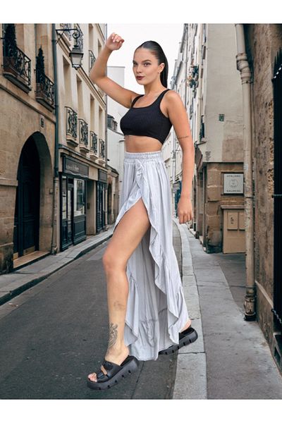 BEES JEANS Bohemian Style, Raised Waist, Deep Side Slit, Ruffled Asymmetric Cut, Loose Skirt Pants