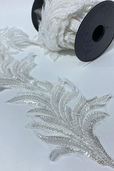 Limelia White Bead Embroidered Leaf Pattern Wide Ribbon Applique 1 Meter