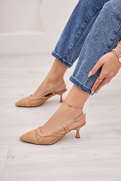 KCMN Feles Kısa Topuklu Fileli Kadın Ayakkabı NUT