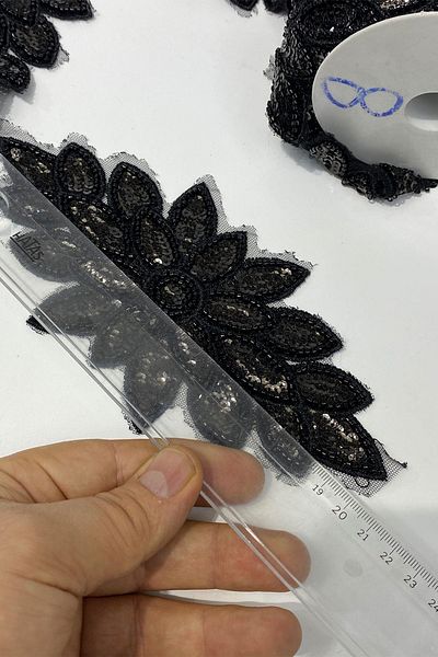 Limelia Black Bead Embroidered Flower Pattern Baklava Wide Ribbon Applique 1 Meter
