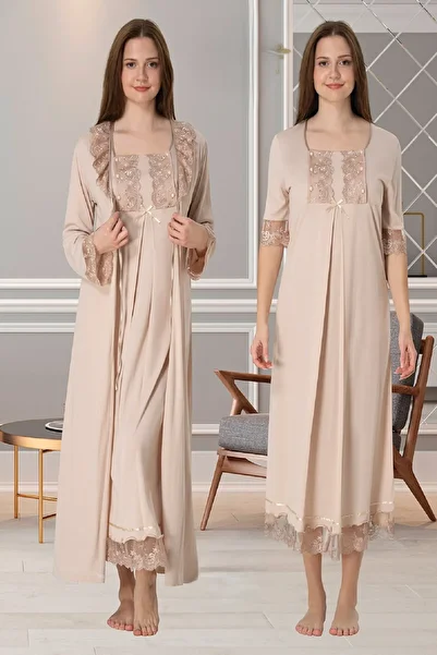 Puerpera Effortt Lace Detailed Maternity Nightgown and Dressing Gown 6035