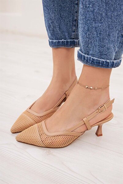 KCMN Feles Kısa Topuklu Fileli Kadın Ayakkabı NUT
