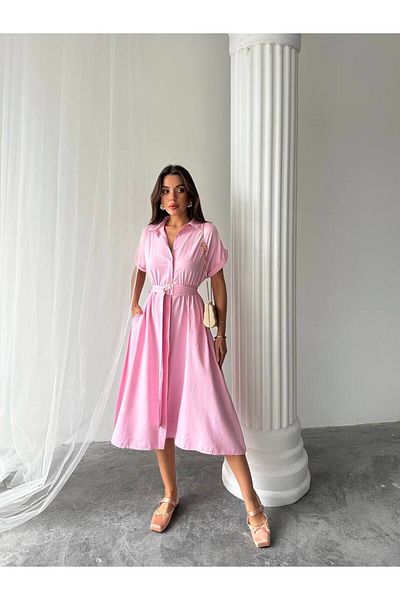 S&A Collectionn Women's Shirt Collar Button Belted Short Sleeve Knee-Length Dress