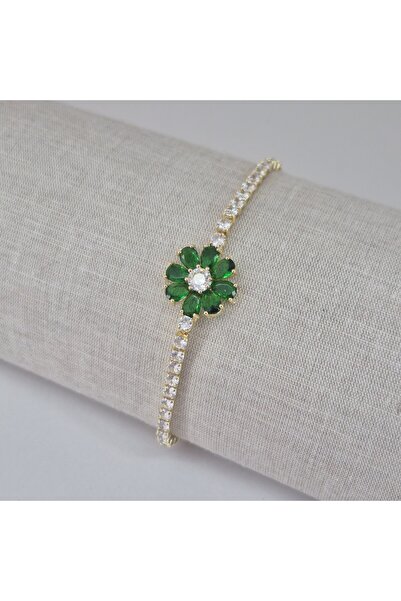 PİNA HEDİYELİK AKSESUAR ÇELİK BİLEKLİK SU YOLU PAPATYALI YEŞİL ZİRKON TAŞLI G...