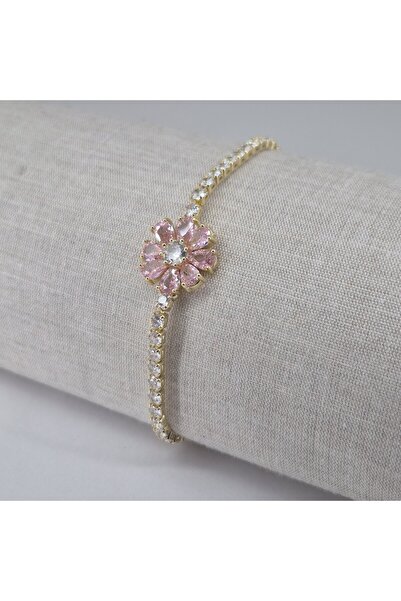 PİNA HEDİYELİK AKSESUAR ÇELİK BİLEKLİK SU YOLU PAPATYALI PEMBE ZİRKON TAŞLI G...