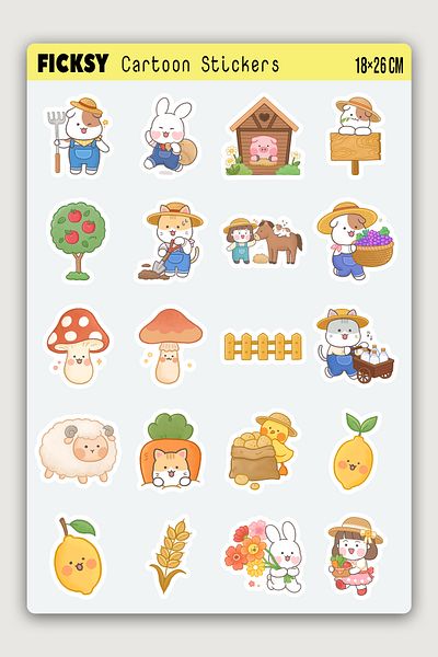 Ficksy Kawaii Cute Farmer Sticker Set - 40 Pieces Farm Life Sticker Stickers
