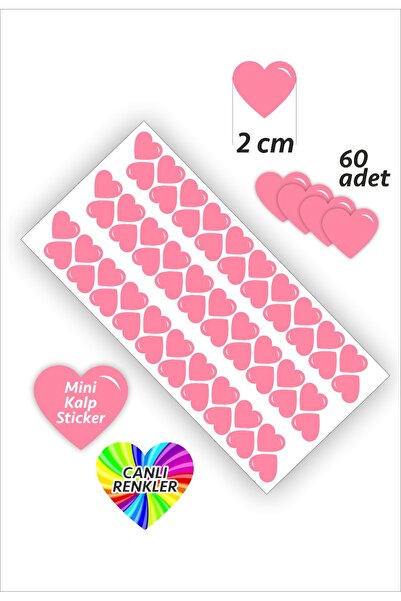 İstisna 60 Adet Kalp Etiket Pembe Renk 2 Cm Kalp Temalı Sticker Seti