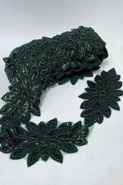 Limelia Emerald Green Bead Embroidered Flower Pattern Baklava Wide Ribbon Applique 1 Meter