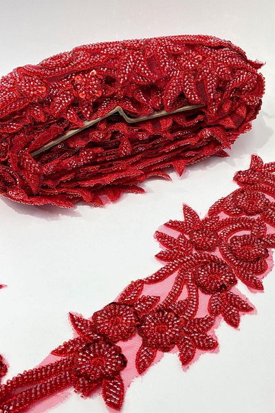 Limelia Red Bead Embroidered Flower Pattern Wide Ribbon Applique 1 Meter