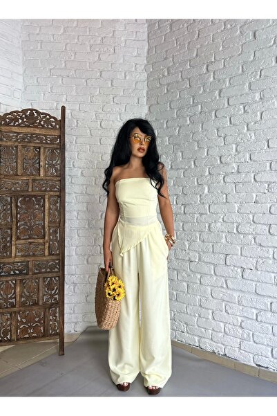 moneta boutique Women's Asymmetrical Strapless Blouse and Trousers Linen Suit