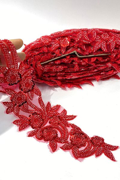Limelia Red Bead Embroidered Flower Pattern Wide Ribbon Applique 1 Meter