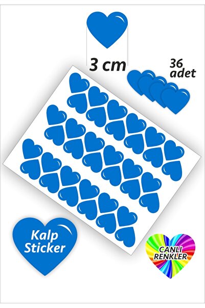 İstisna 36 Adet Kalp Etiket Mavi Renk 3 Cm Kalp Temalı Sticker Seti