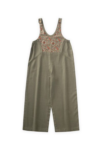 Cigit Roba Complete Embroidered Linen Salopet 2-7 Years Khaki Green