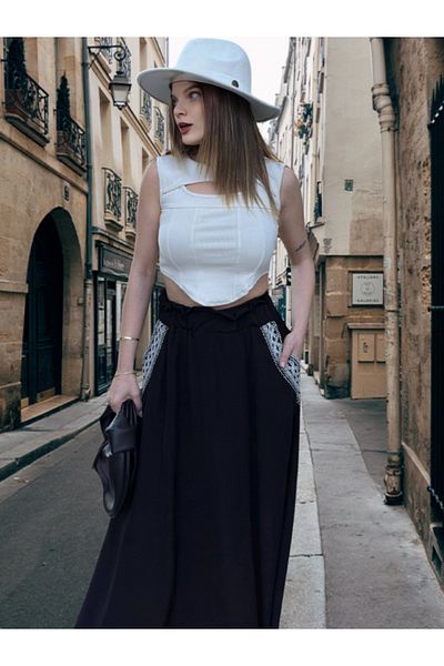 BEES JEANS Fusta lungă pentru femei cu talie elastică, buzunare brodate cu paie, croială confortabilă