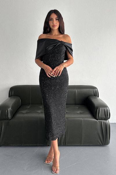 ZISHAN Luxurious Black Evening Dress - Sequined Sequin Embroidered Satin Collar Detailed 410