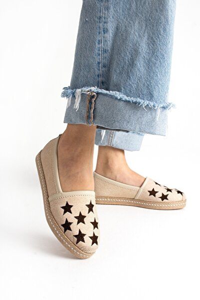 HVZ Exclusive Mink Women's Straw Sole Star Detailed Espadrille Comfortable and Ergonomic Shoes