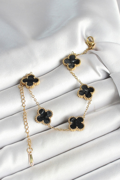 Clariss 316L Steel Pearlescent Black Gold Color Clover Women's Bracelet