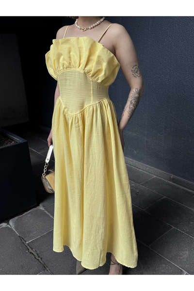 Bak'ap Design Chest Flywheel Detailed Curved Bustier Collar Corset Long Dress