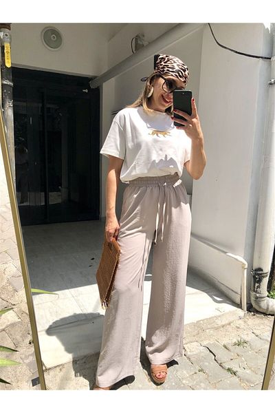 Gözde Tasarım Butik Women's Stone Color Waist Elastic Lace Pocketed Summer Baggy Pants