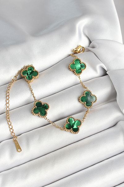 BESKAR 316L Steel Pearlescent Emerald Green Gold Color Clover Women's Bracelet