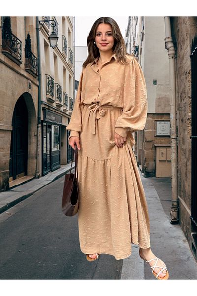 BEES JEANS Γυναικείο vintage φόρεμα με υφασμάτινο καμήλα με ζώνη μέσης με μπαλόνι μανίκι σε γραμμή Α - Κατάλληλο για Καλύμματα Ισλάμικης Χαρακτικής - 700-3550