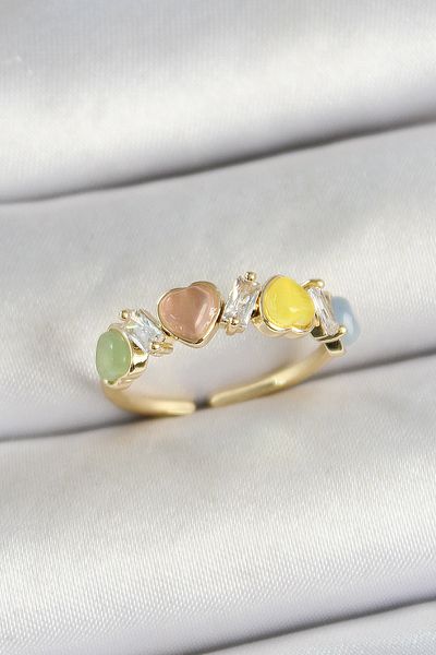 BESKAR Brass Row Heart Figured Zircon Stone Gold Color Adjustable Women's Ring