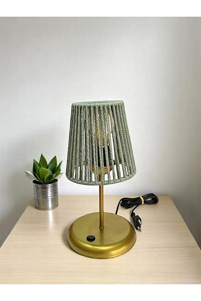 CONANA Lyris - Macrame Lampshade, Mini Table Lamp (Mold Green Head, Gold Leg)