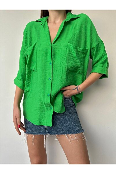 WellWay Bodrum Kumaş (keten) Oversize Kadın Gömlek- Yeşil