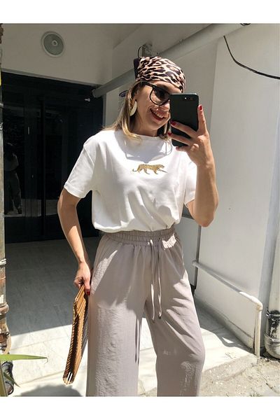 Gözde Tasarım Butik Women's Stone Color Waist Elastic Lace Pocketed Summer Baggy Pants