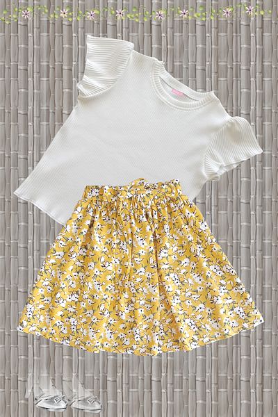 MODA59 Girl's Skirt Suit, Skirt T-Shirt Suit, Floral Skirt Twill Ecru T-Shirt