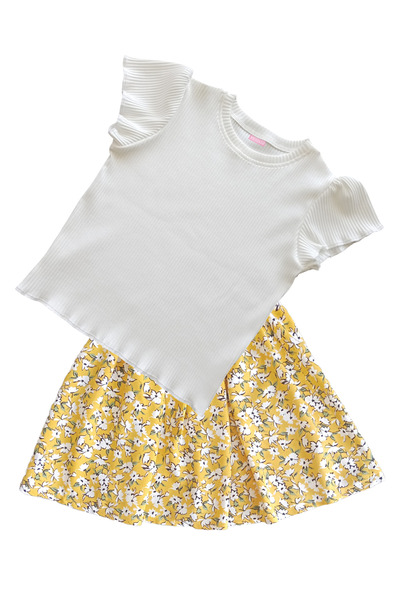 MODA59 Kız Çocuk Etekli Takım, Etek T-shirt Takım, Çiçekli Etek Fitilli Ekru T-shirt
