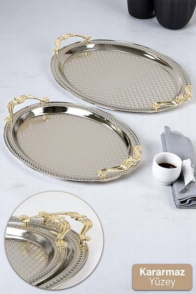 İronika Ironika 2-Piece Oval Gold Handle Tarnish-Free Tea Coffee Presentation Tray Yellow Handle Decorative Tray
