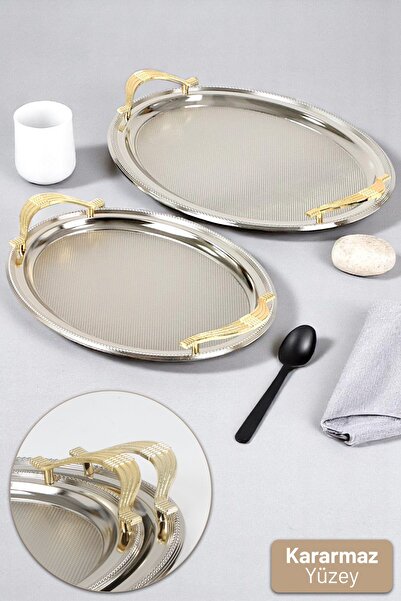 İronika İronika 2 li Oval Gold Kulp Kararmaz Çay Kahve Sunum Tepsisi Sarı Kul...