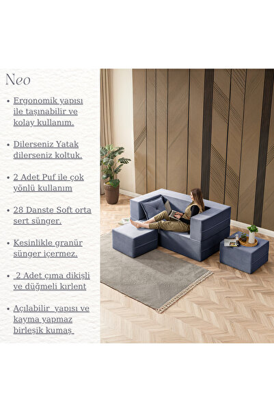 BRANNA HOME Neo Açılır Koltuk & 2 Li Puflu Uzanma Koltuğu & Çok Amaçlı Aktivite & Yatak Olabilen Lacivert