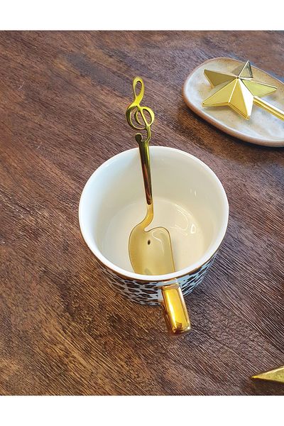 LOVYCO Gold Melodi, Note Key Shaped Mini Coffee, Tea Presentation Spoon 1 Piece 14 cm