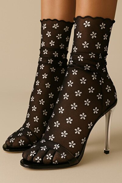 DİLARRA Boutique Silver Papatyalı Siyah Tül Çorap