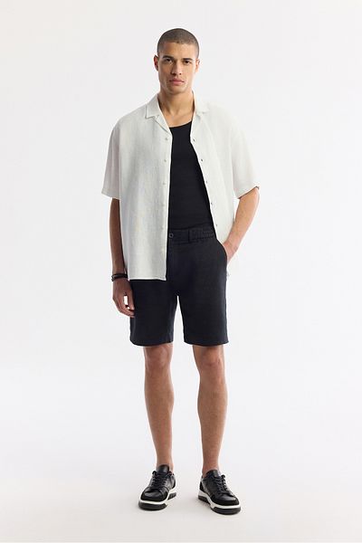 Avva Men's Black Elastic Waist 100% Linen Issos Shorts B 003732