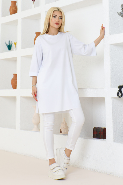 nacar çarşı Kadın Beyaz Oversize Tunik Tişört – Yarım Kollu, Yuvarlak Yaka, R...