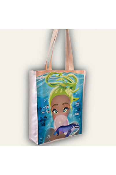 E was There El Çizimi Tasarımlı Kanvas Tote Bag Bez Çanta Omuz Çantası Körükl...