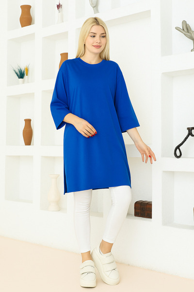 nacar çarşı Kadın Saks Mavi Oversize Tunik Tişört – Yarım Kollu, Yuvarlak Yaka, Rahat Kesim