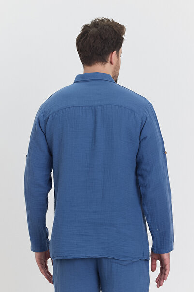 Heaven Ephesus Set - Muslin Navy Blue Trousers and Collared Long Sleeve Shirt Set - 4030-5040