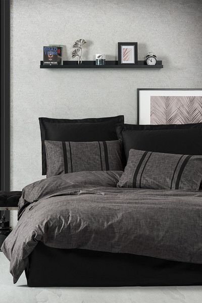 Cotton Box Plain Double Duvet Cover Set Bitter Anthracite-black