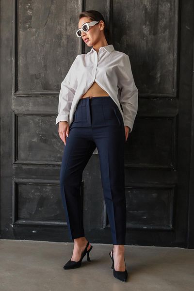 Madmext Navy Blue High Waist Women's Trousers Mg2425