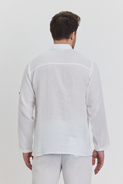 Heaven Ephesus Muslin White Trousers & Collared Long Sleeve Shirt Suit 4030-5040-Tkm3E