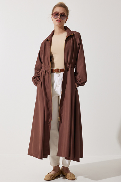 Lovelyİstanbul Καφέ υφαντό φόρεμα Trench Coat - Εποχιακό με φερμουάρ Ldd0045