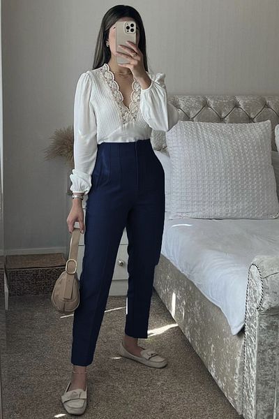 Madmext Navy Blue High Waist Women's Trousers Mg2425