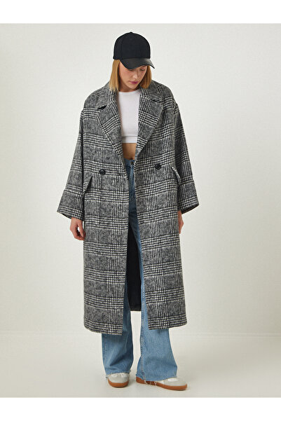 Lovelyİstanbul Премиум двуредно дълго палто от вълна с шарки, черно Lfn0003