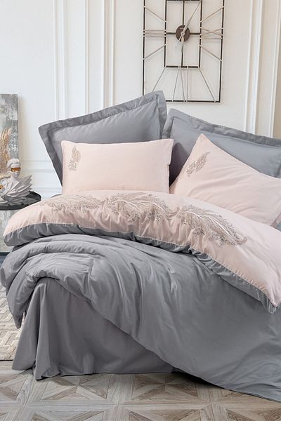 Cotton Box Embroidery Satin Double Duvet Cover Set Sheen Gray